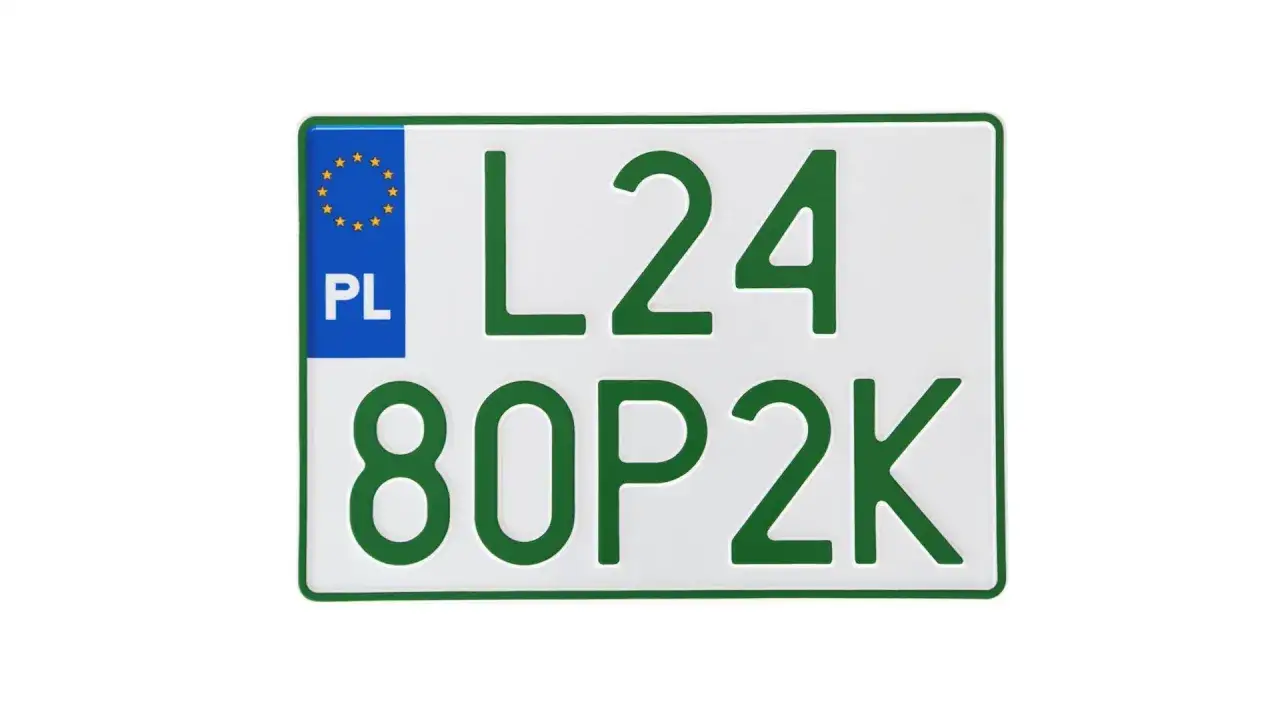 Polskie tablice rejestracyjne z zielonymi znakami: L24 80P2K. FZI rejestracja dla pojazdu.