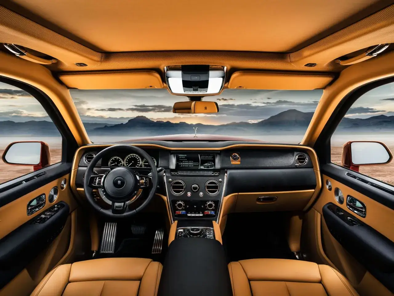 Wnętrze luksusowego Rolls-Royce SUV, z dominującym brązowym wykończeniem i widokiem na góry.