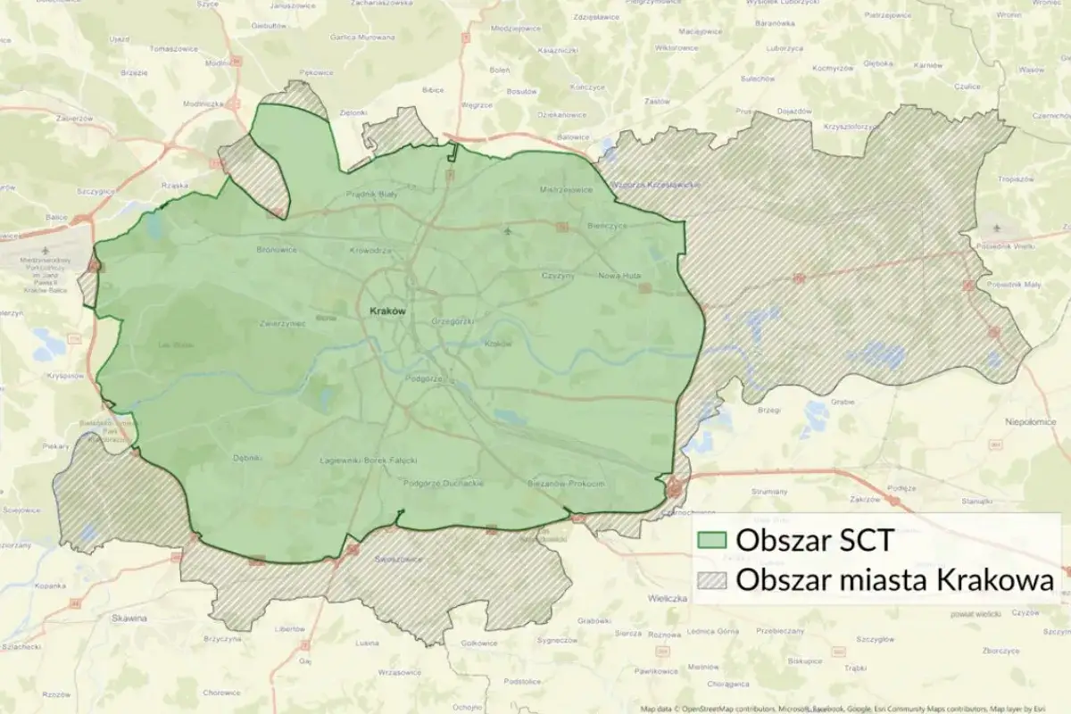 Mapa przedstawia kraków strefa czystego transportu, zaznaczone obszary SCT i miasta.