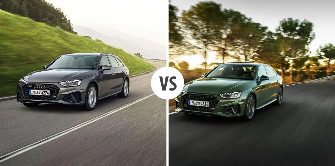 Szary kombi i zielony sedan Audi A4 jadące po krętych drogach. Sprawdź aktualną audi a4 cena!