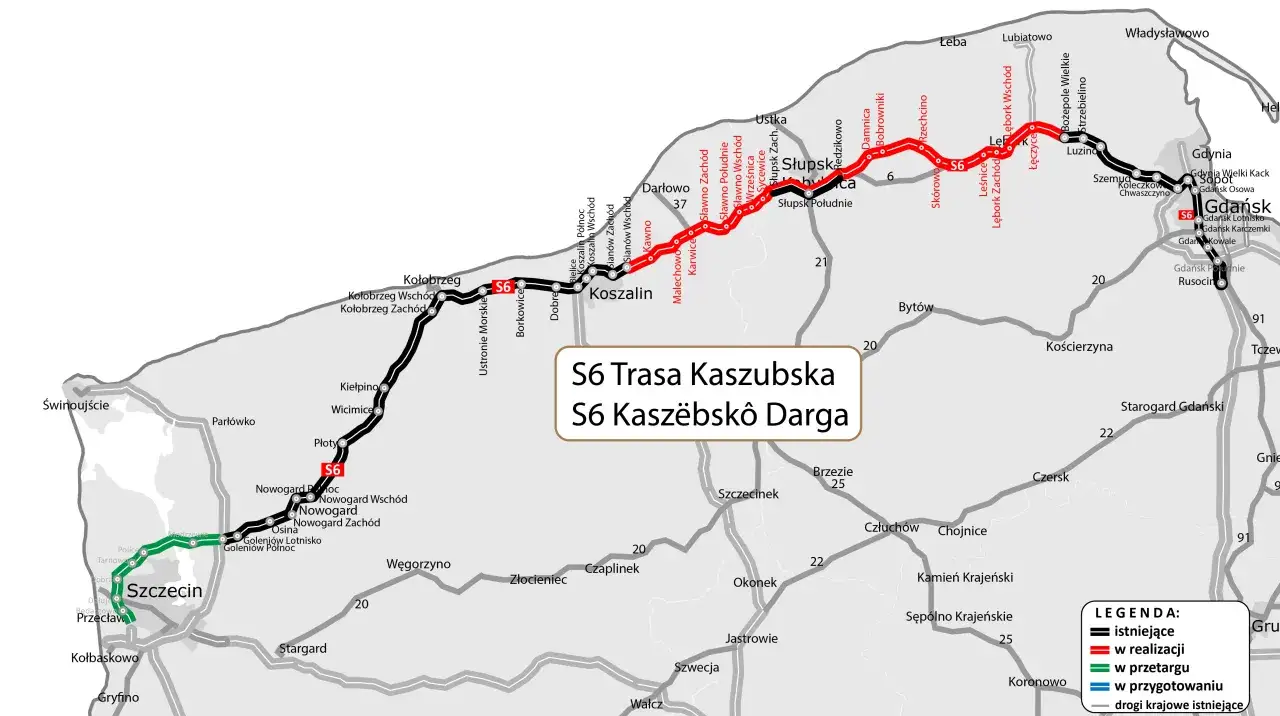 Mapa pokazuje trasę S6, która jest w budowie i planach. S6 kiedy otwarcie? Trasa Kaszubska i Kaszëbskô Darga.