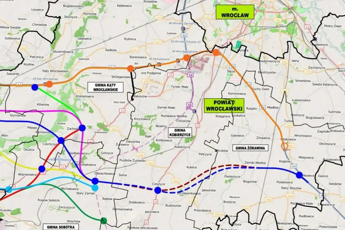 Mapa z zaznaczonymi trasami i miejscowościami. Autostrada A4 Gliwice-Wrocław, cennik przejazdu.