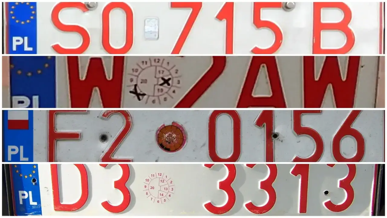 Czerwona rejestracja z numerami SO 715 B, WZAW, F2 0156, D3 3313.