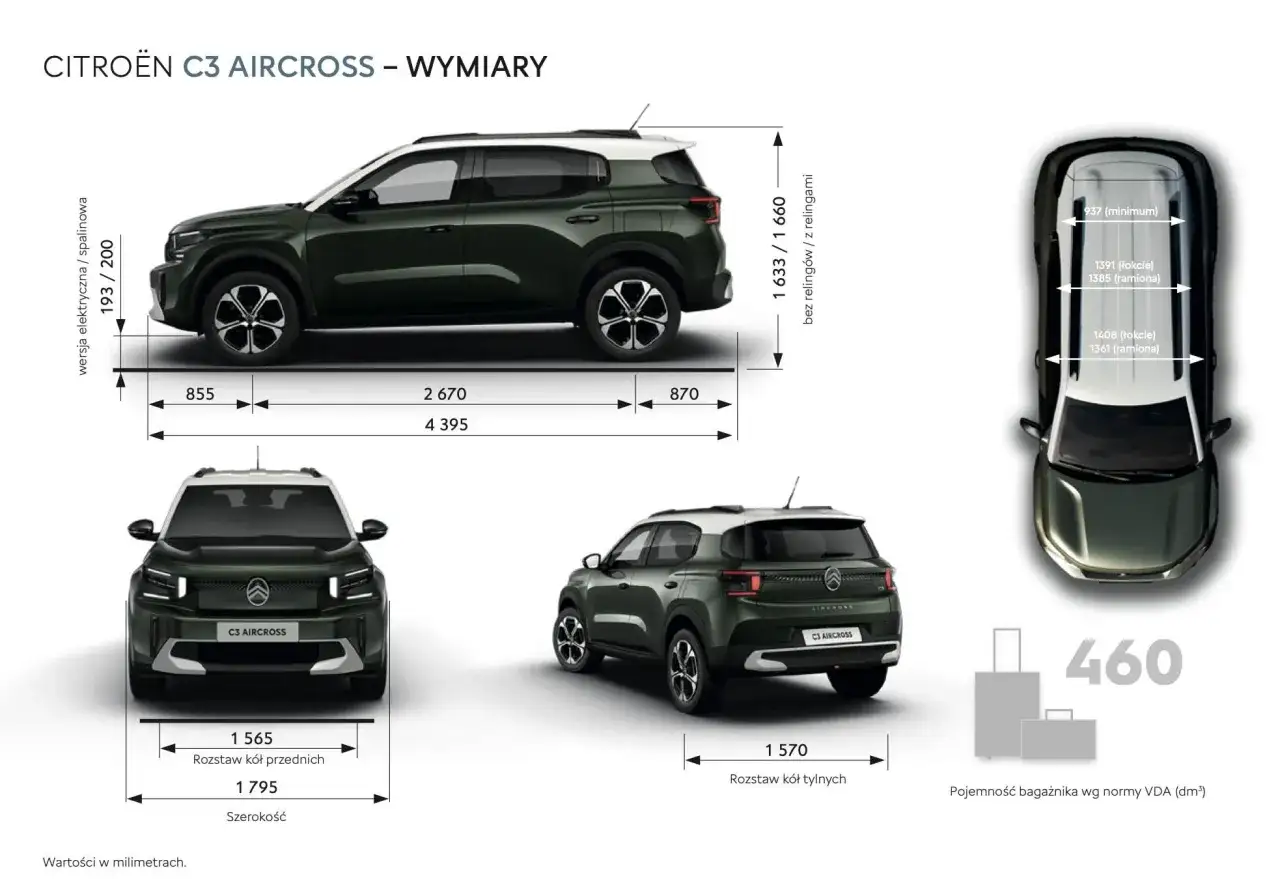 Citroën C3 Aircross wymiary: długość 4395 mm, szerokość 1795 mm, wysokość 1633/1660 mm. Bagażnik 460 dm³.