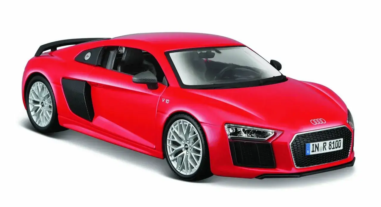Czerwone Audi R8 V10 z czarnym spoilerem i felgami.