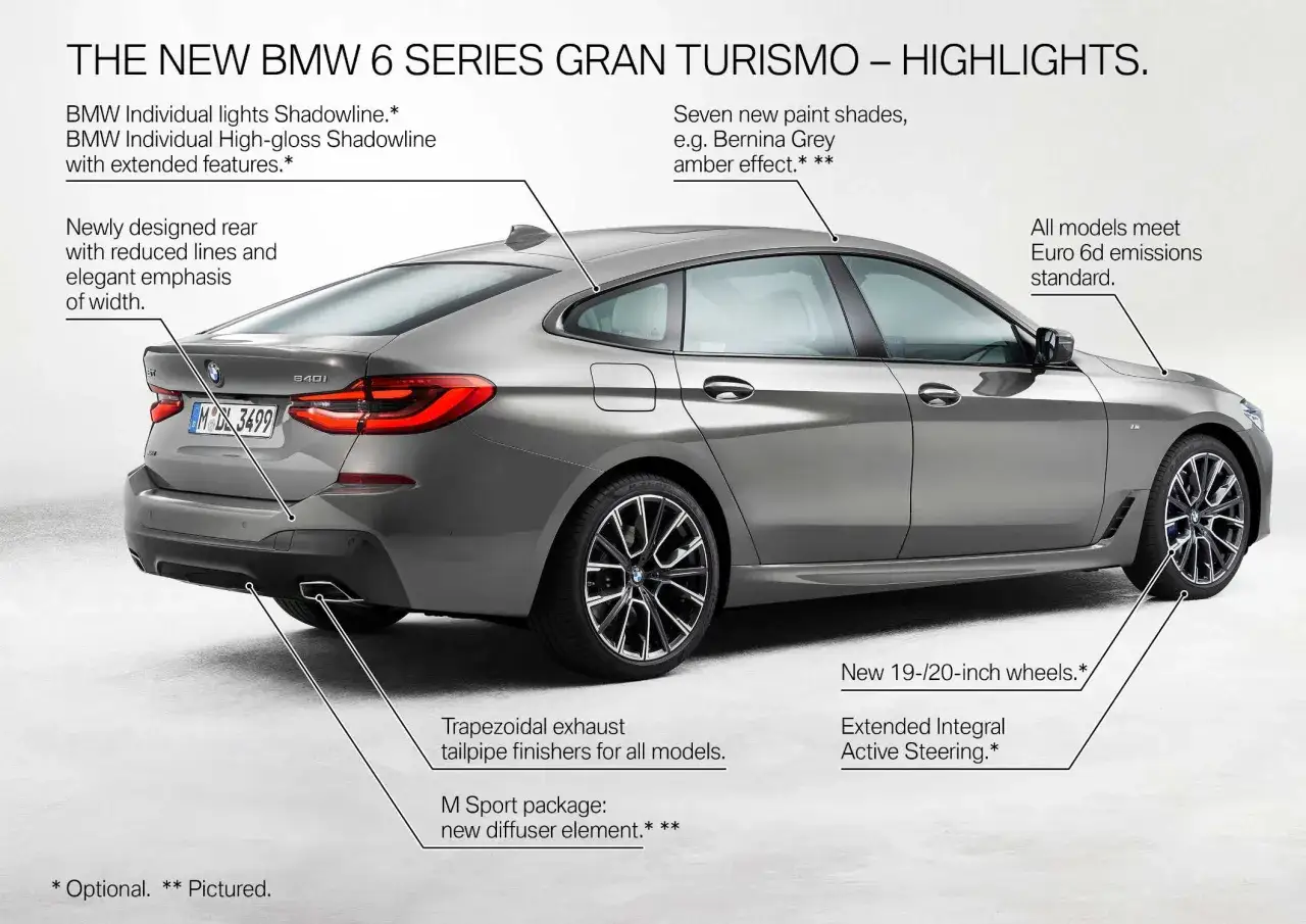 Eleganckie BMW 640d w kolorze Bernina Grey z nowymi światłami Shadowline i trapezoidalnymi końcówkami wydechu.