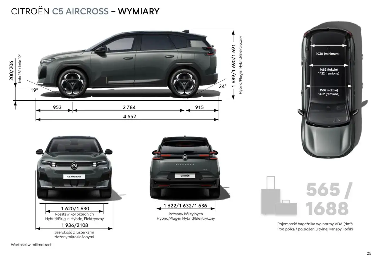 Citroën C5 Aircross wymiary: długość 4652 mm, rozstaw osi 2784 mm, wysokość 1691 mm. Detale na rysunku.
