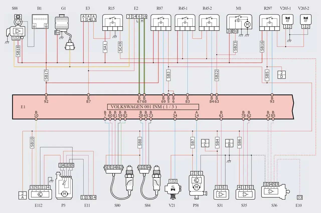 Schemat elektryczny silnika 2.0 TDI. Widoczne przekaźniki, bezpieczniki, sterowniki i połączenia.