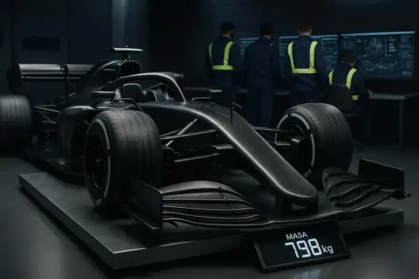 Czarny bolid F1 na wadze pokazuje, ile waży bolid F1: 798 kg. Zespół inżynierów analizuje dane.